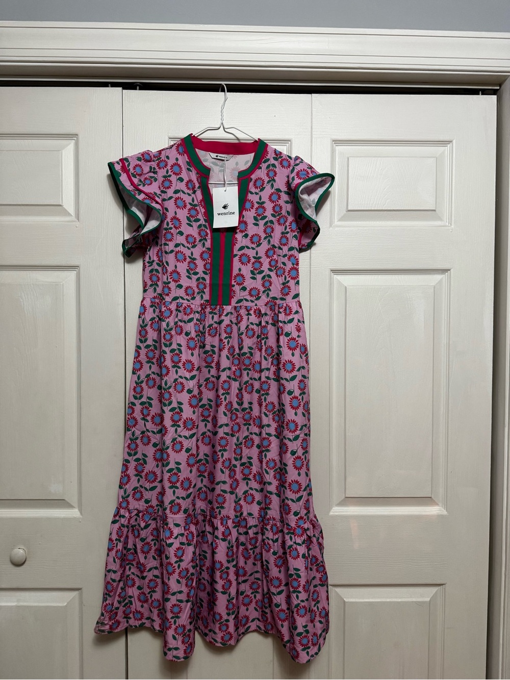 WEN Pink Floral Midi Dress with Green and Red Trim